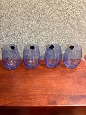 Set of 4 Blue Etched Stemless Wine Glasses